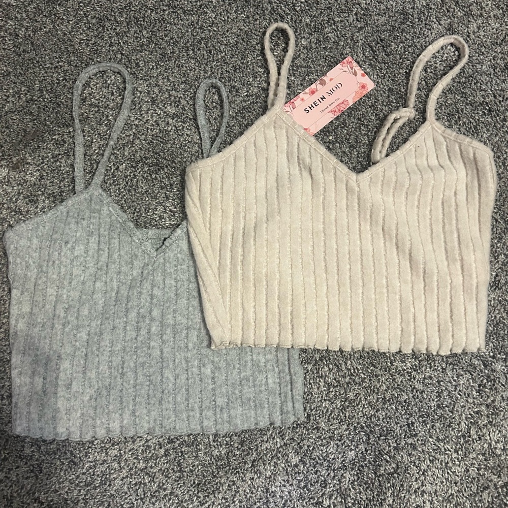 SHEIN Cream and Gray Ribbed Crop Camisoles Sleeveless